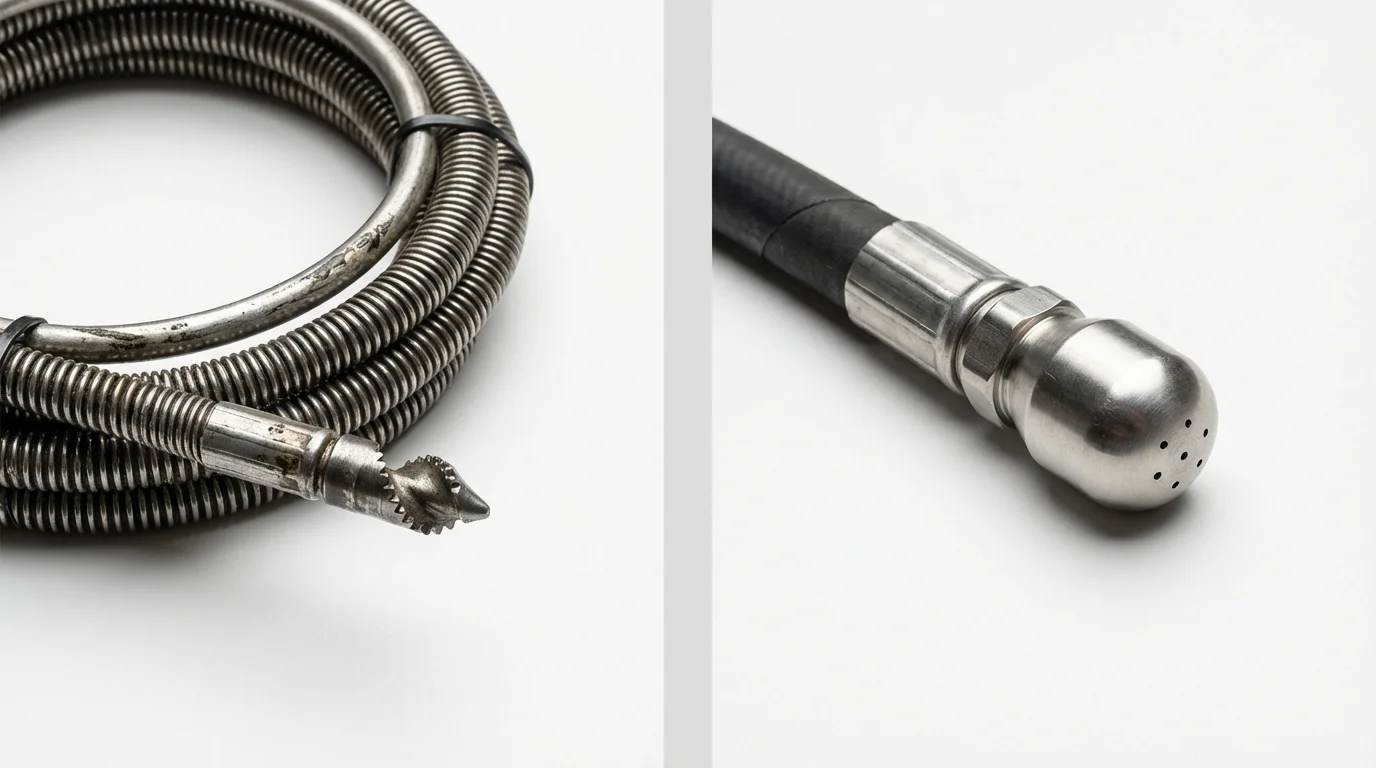 Drain snake cable and hydro jetting nozzle used for drain cleaning in Lawnside, NJ