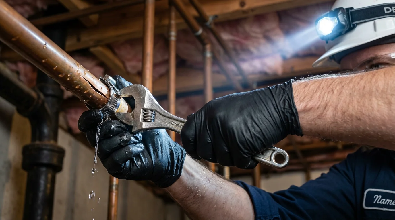 Emergency pipe clamp repair being performed by a Johns Plumbing LLC plumber in Lawnside
