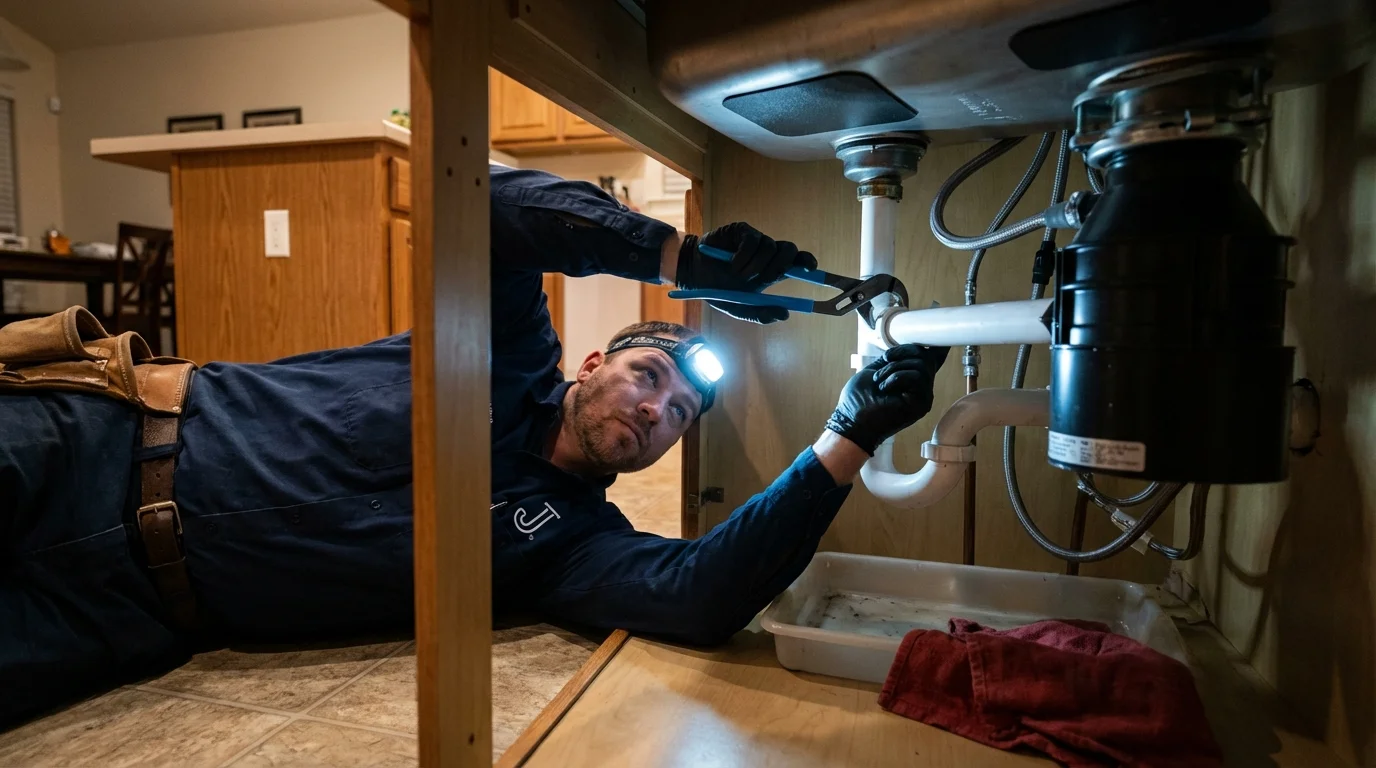 P-trap and supply line connections under a kitchen sink showing a common leak point in Lawnside, NJ